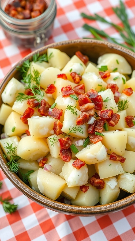 Crispy Dill Potato Salad Recipe A bowl of crispy dill potato salad with potatoes, dill, celery, and bacon, set on a picnic table.